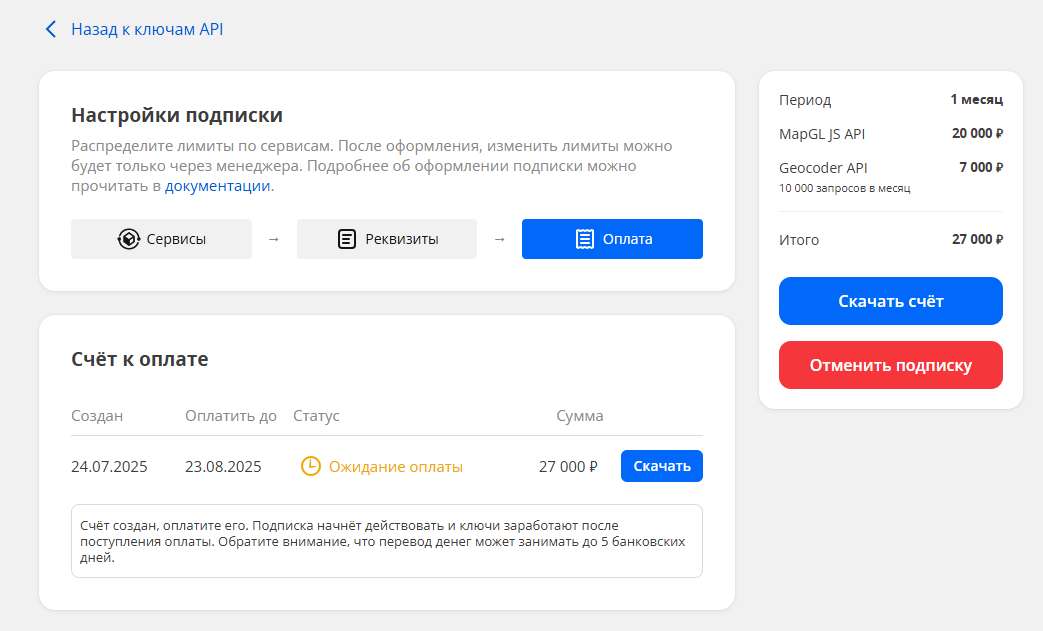 Пример созданного счёта